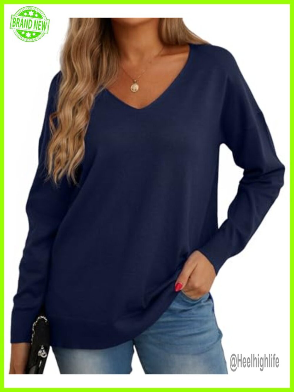 Women's V-Neck Long Sleeve Side Split Loose Knit Pullover Sweater